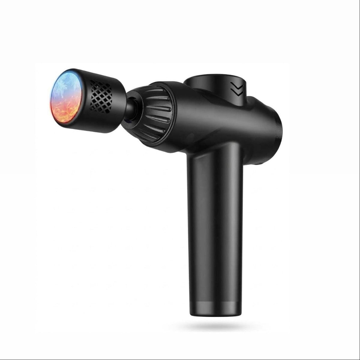 A black handheld massage gun with a textured nozzle, shown from a side angle on a clean white background.