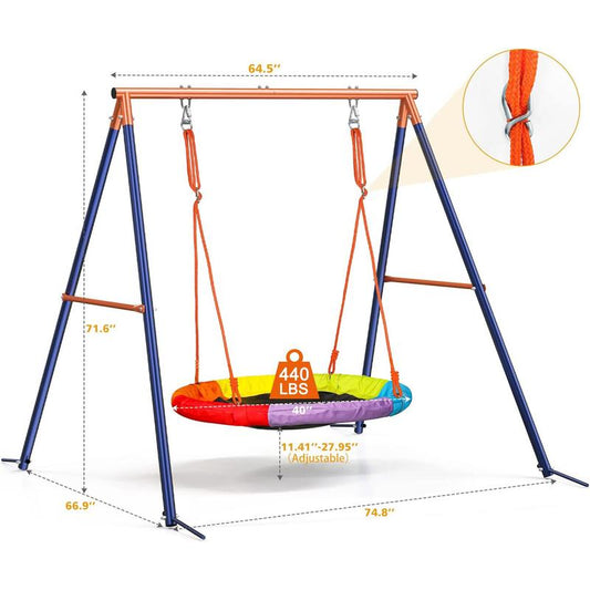 【Springtok】Aowos Swing Set for Backyard, Saucer Swing with Heavy-Duty Metal Frame and Adjustable Ropes for Kids Outdoor , Safe Waterproof round Swing for Backyard Playground Park, Rainbow Color