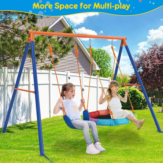 【Springtok】Aowos Swing Set for Backyard, Saucer Swing with Heavy-Duty Metal Frame and Adjustable Ropes for Kids Outdoor , Safe Waterproof round Swing for Backyard Playground Park, Rainbow Color